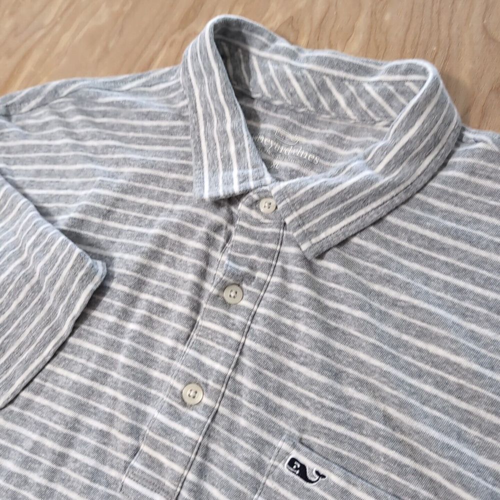 Vineyard Vines Polo‎ Shirt Mens XL Linen Blend Gray Striped Heather Logo